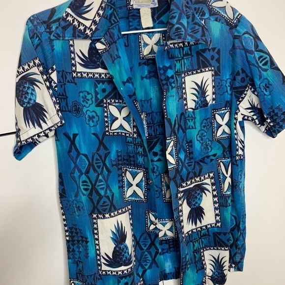 Hukilau Fashions Retro Vintage 70s Hawaiian Shirt ~ Size Small Blue Palm Floral - Picture 8 of 10